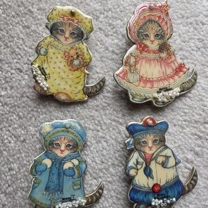 Set Of 4 KITTY CUCUMBER Pins Brooches Yellow Pink Blue